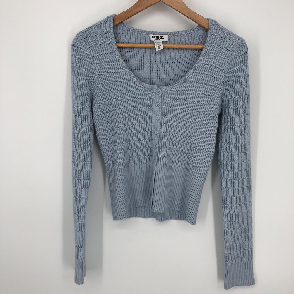 RSQ Sweater Womens Medium Blue Button Front Ribbed Knit Long Sleeve Cardigan Top
